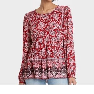 Knox Rose Red Pink Paisley Peplum Peasant Blouse Boho Top Ladies XXL